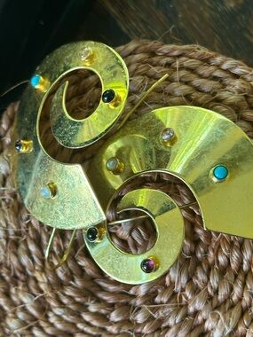 Gold Spiral Earrings with Multicolor Gem Details